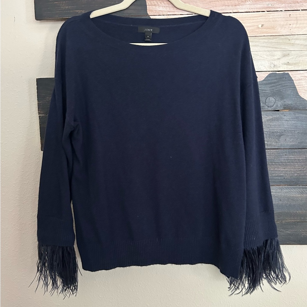 J Crew Feather Embellished Cuff Boatneck Long Sleeve Wool Blend Sweater